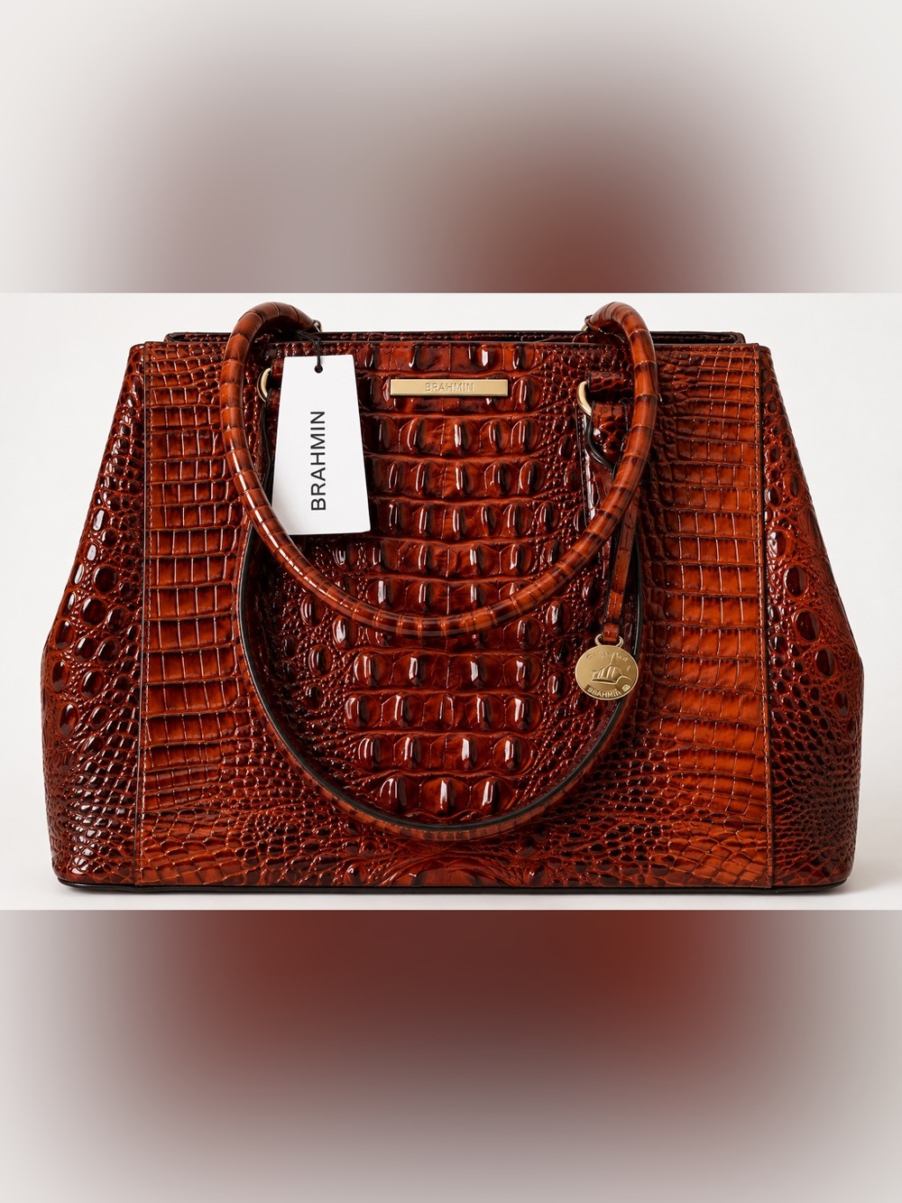 NWT Brahmin Joan Tote Pecan Melbourne Croc Embossed Leather Brown w Dust Bag